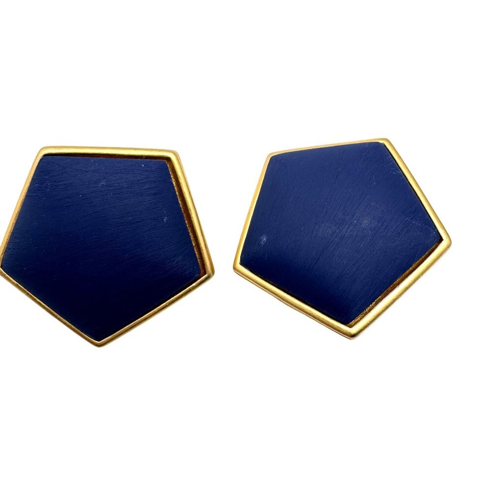 PEP 80s Pentagon Clip-On Earrings Retro Navy Blue Gold-Tone Modernist 1.5" Vtg